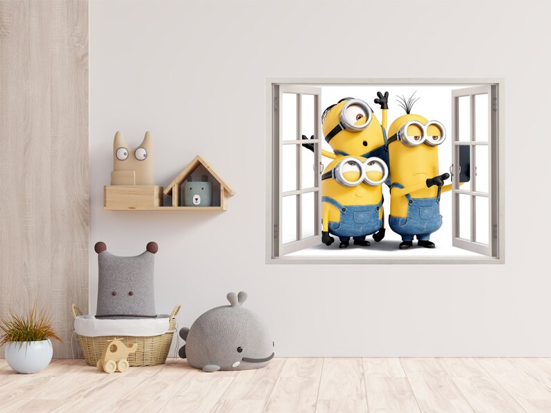 Minions 3D Wallpaper Decal, Despicable me Window View Wall Art, Pixar Movie Vinyl, Décoration murale Chambre denfant, Autocollants muraux de chambre, image 9