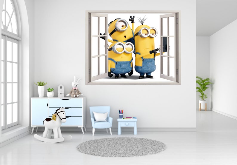 Minions 3D Wallpaper Decal, Despicable me Window View Wall Art, Pixar Movie Vinyl, Décoration murale Chambre denfant, Autocollants muraux de chambre, image 7