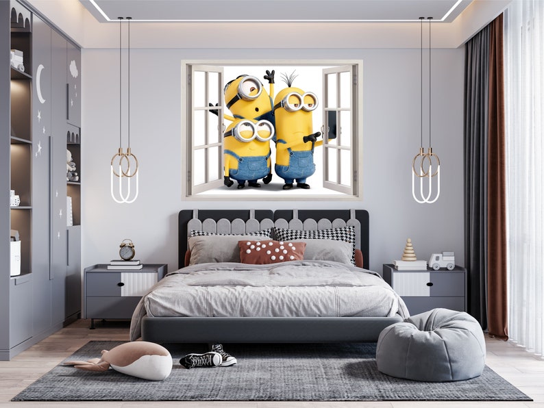 Minions 3D Wallpaper Decal, Despicable me Window View Wall Art, Pixar Movie Vinyl, Wall Decoration Kid's Room, Room Mural Stickers, image 8