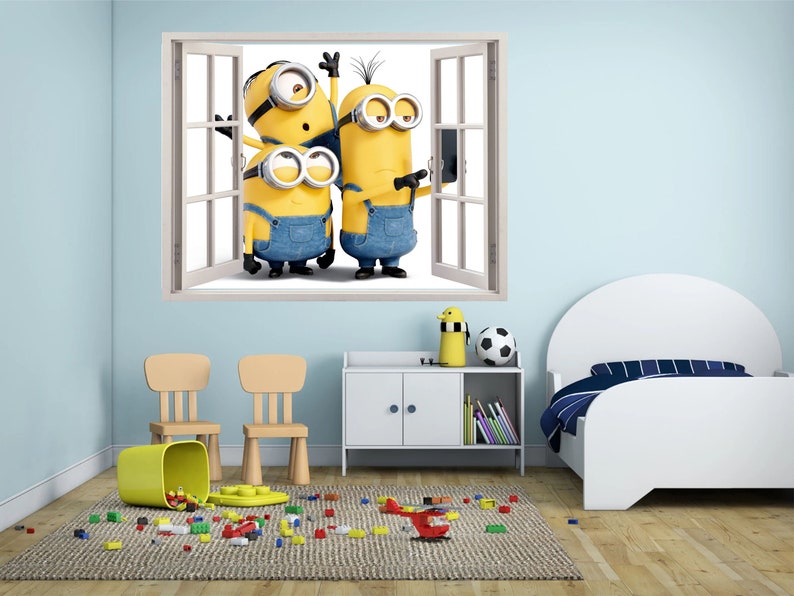 Minions 3D Wallpaper Decal, Despicable me Window View Wall Art, Pixar Movie Vinyl, Décoration murale Chambre denfant, Autocollants muraux de chambre, image 1