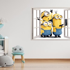 Minions 3D Wallpaper Decal, Despicable me Window View Wall Art, Pixar Movie Vinyl, Décoration murale Chambre denfant, Autocollants muraux de chambre, image 3