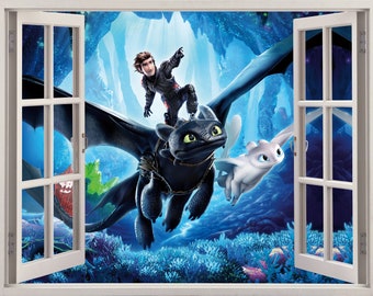 How To Train Your Dragon Movie 3D Wallpaper Decal, Toothless Cute Window View Wall Art, Cartoon Movie Vinyl, Wall Decoration Kid Room