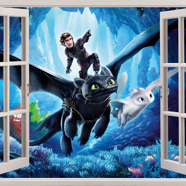 Comment former votre dragon film 3D papier peint décalcomanie, édenté mignon fenêtre vue art mural, film de dessin animé vinyle, décoration murale chambre d'enfant