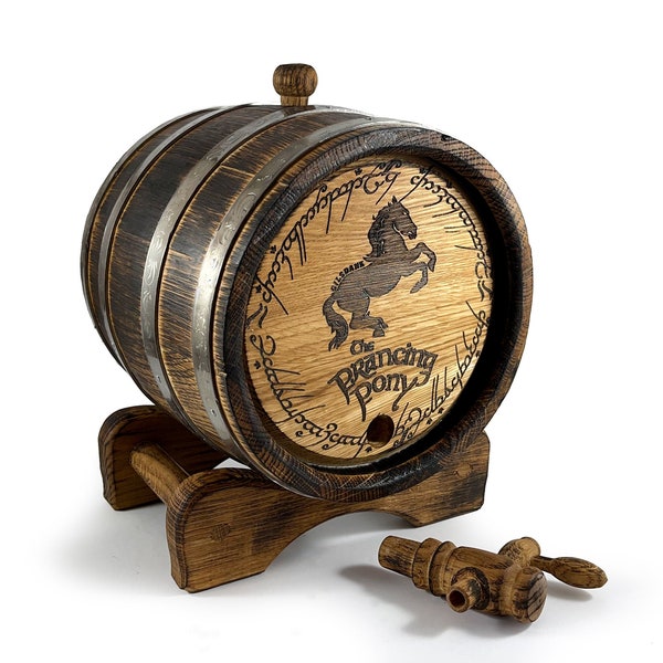 Bourbon Barrel 3L, The Prancing Pony, Herr der Ringe Holz Geschenk Holz Eichenfass, Gravierte Wein Rum Custom Barrel Wein Whisky Liebhaber Geschenk