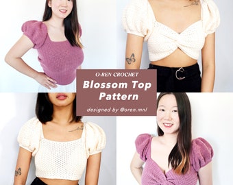 Top floral / Patrón de crochet / Top corto con mangas abullonadas reversibles