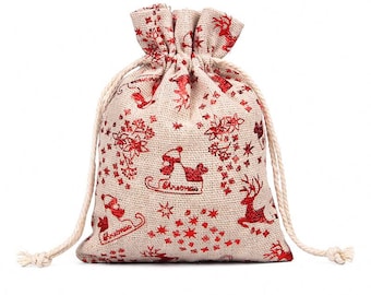 Christmas Reindeer Santa Fabric Gift Bags, Xmas Pouches, 10*14cm, Drawstring, Cotton Linen Candy Bags