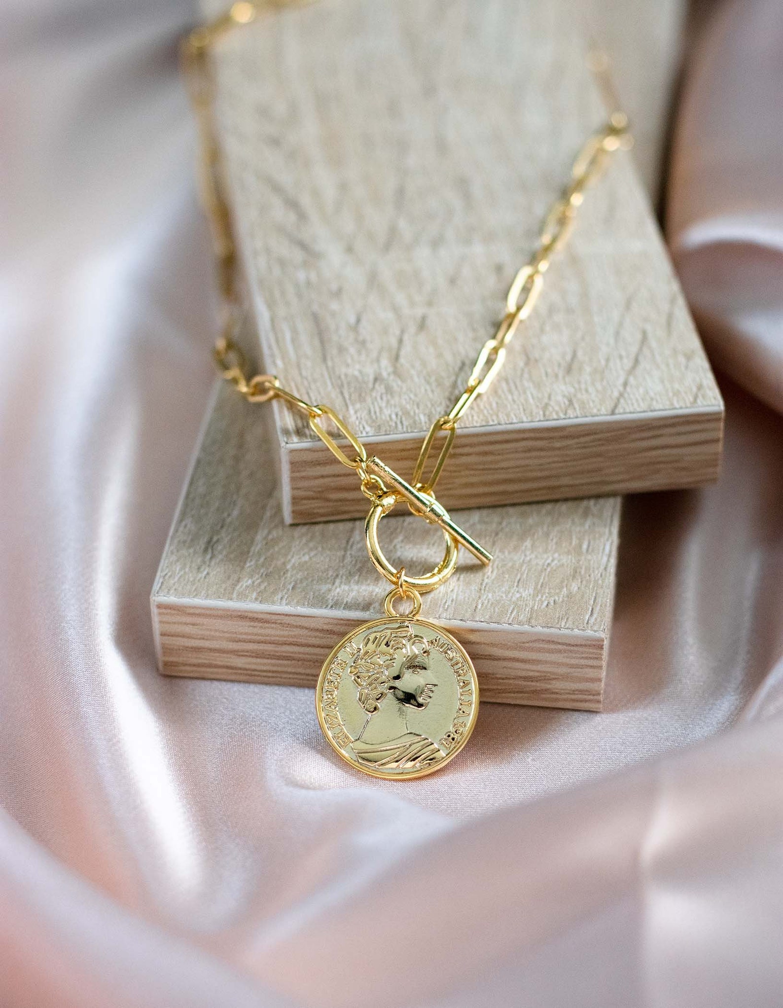 Gold Coin Toggle Necklace, Gold Paperclip Chain Necklace, Gold Coin