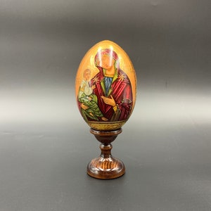 Beautiful Ukrainian Easter Orthodox icon Mary with Jesus pisanka wooden egg 5.5" (14 cm) height room decoration
