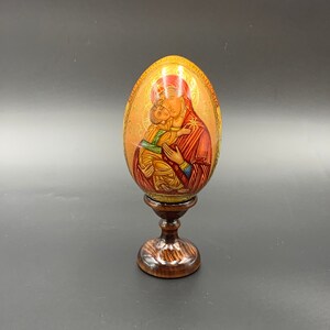 Beautiful Ukrainian Easter Orthodox icon Mary with Jesus pisanka wooden egg 5.5" (14 cm) height room decoration
