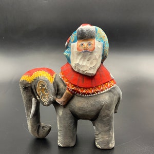 Beautiful Wooden Carved Santa Claus / 5.9&quot; Height /Painted  Christmas decoration /Santa on Elephant /Family Present / Christmas gift #0025