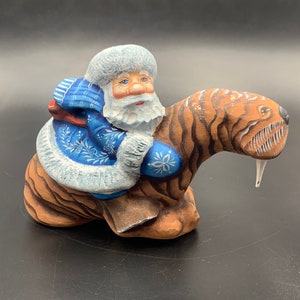 Wooden Carved Santa Claus / 4.7&quot; Height /Painted  Christmas decoration /Santa on Walrus /Family Present / Christmas gift #0026