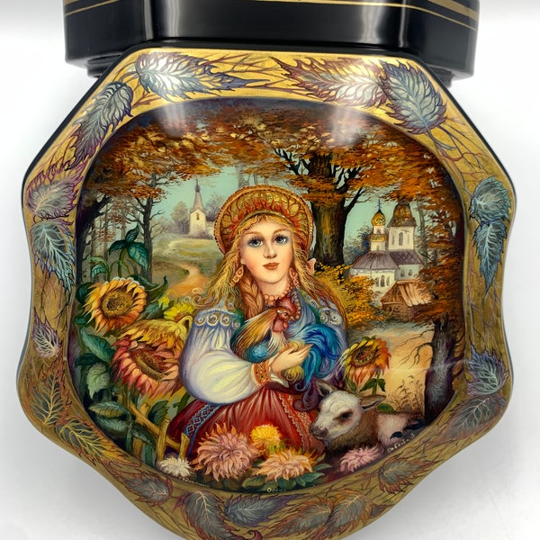 Magnificent  lacquer box "Ukrainian lady"  hand painted oil, papier mache, mother of pearl unique collectible box