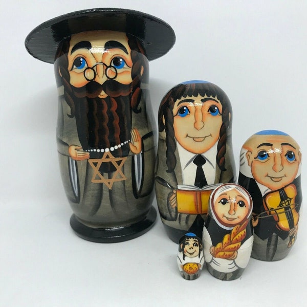 Poupée gigogne famille juive matriochka cinq pièces 13 cm (5,1 po.) de hauteur faite à la main, peinte à la main grand cadeau de Hannukah