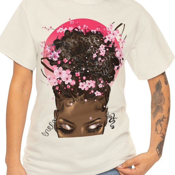 MESSY BUN GIRL Cherry Blossom, Messy Bun Shirt, Afro Messy Bun Shirt, Messy Bun T-shirt, Gifts For Her, Gifts, Black Girl T-Shirt, Shirts