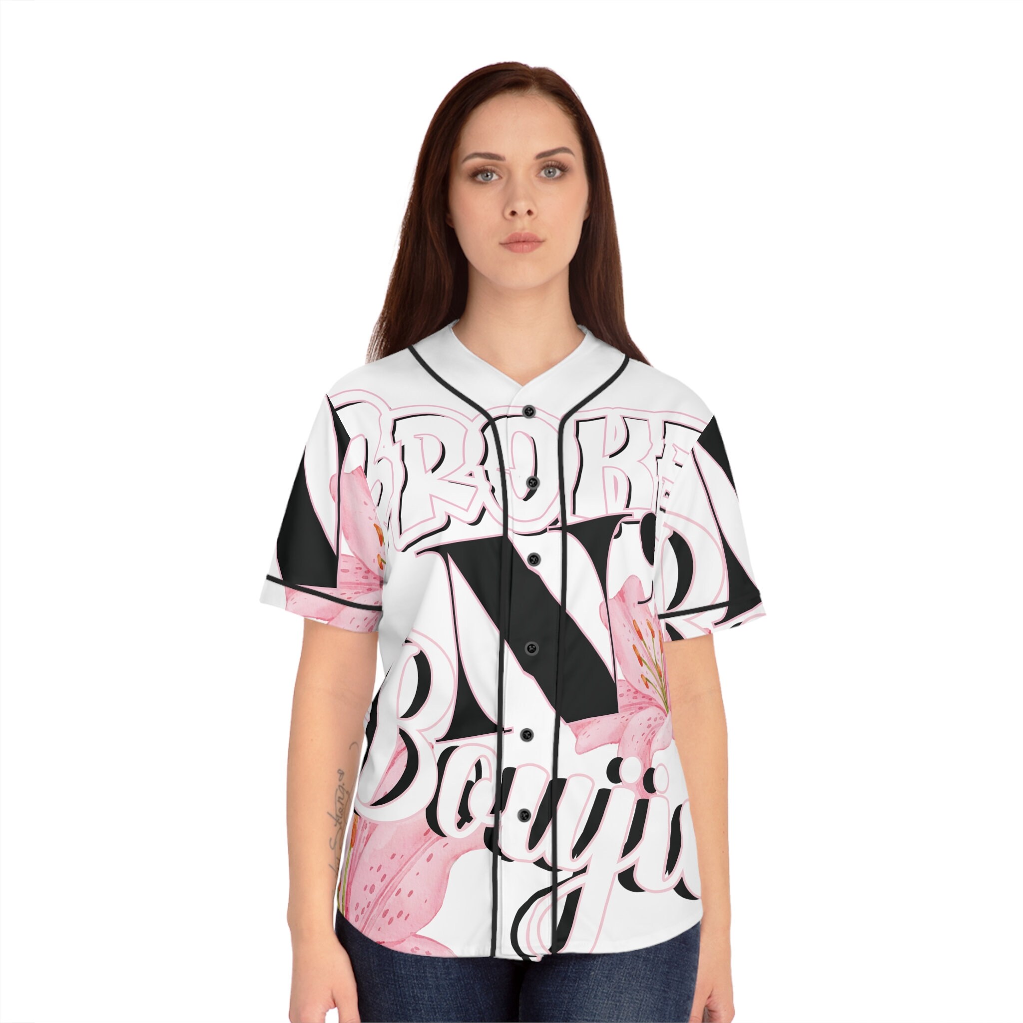 Pink Lily, Pink Flowers, Pink and Black Letters, Women's Baseball Jersey