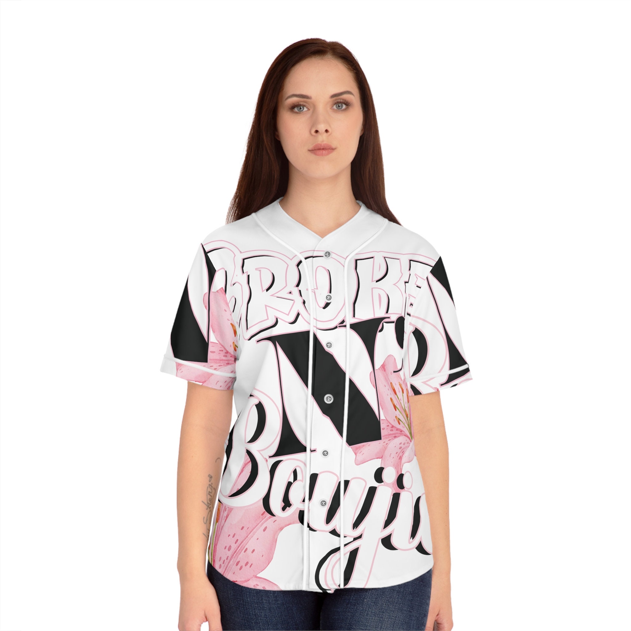 Pink Lily, Pink Flowers, Pink and Black Letters, Women's Baseball Jersey