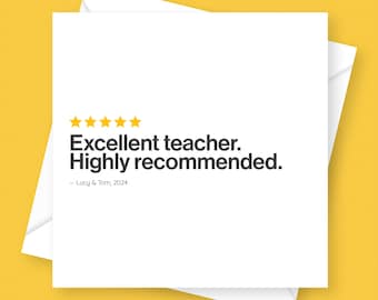 Tarjeta de maestro de revisión personalizada: agradecimiento, agradecimiento, fin de período o año escolar, totalmente personalizada, a medida, recomendada
