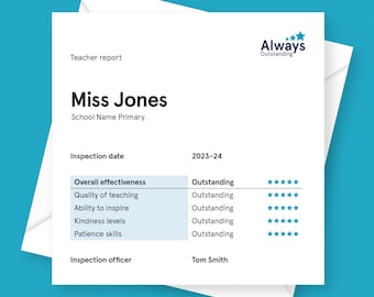 Personalised Teacher Report Card - Thank You, Appreciation, End of School Term or Year, Fully Customised, Bespoke, Outstanding