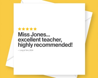 Tarjeta de maestro de revisión personalizada: agradecimiento, agradecimiento, fin de período o año escolar, totalmente personalizada, a medida, recomendada