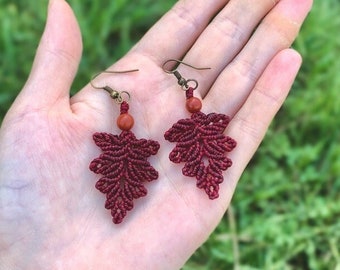 Red Jasper Leafy Earrings - Autumn Harvest - Micromacrame Jewelry - Boho Macrame Earrings