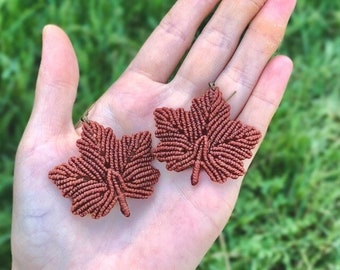 Orange Maple Leaf Earrings - Autumn Harvest - Micromacrame Jewelry - Boho Macrame Earrings