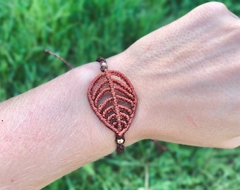 Burnt Orange Leaf Bracelet - Autumn Harvest - Micromacrame Jewelry - Boho Macrame Necklace