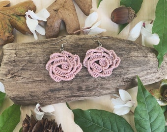 Pink Rose Earrings - Micromacrame Jewelry - Boho Macrame Earrings