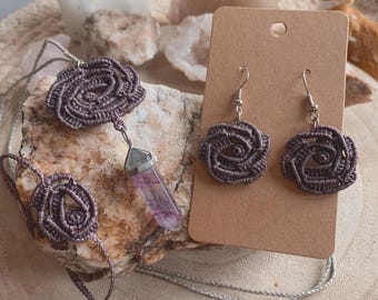 Rose Jewelry Set - Fluorite Pendant - Micromacrame Jewelry - Boho Macrame - Necklace | Bracelet | Earrings