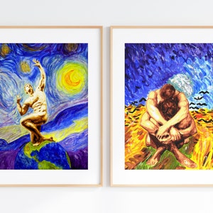 Set of 2 Male Nude in Van Gogh Style Erotica Poster Watercolor
