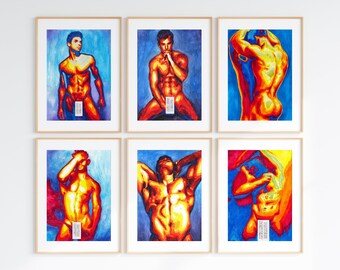 Set van 6 Gay Art Prints volledige frontale naaktheid Gay Man aquarel Art Print Fallic Art Print homo-erotische kunst erotische kunst afdrukken mannelijke figuur kunst