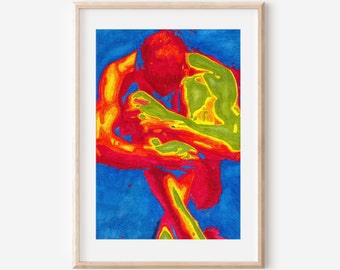 naakt aquarelprints sensueel wandkleed | abstract mannelijk schilderij | homo-erotische homokunstprint | homo-erotiek | Hetzelfde geslacht paar cadeau