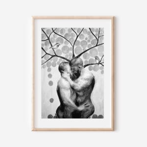 Couple gay s'embrassant sous l'arbre de vie en noir et blanc, cadeau couple homosexuel, mariage homosexuel, fiançailles homosexuelles, cadeau de fête de fiançailles
