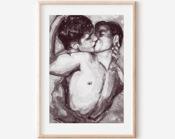 Gay Couple Kissing Watercolor Art Print | Same Sex Couple Gift | Same Sex Marriage |  black & white | Engagement Party Gift | Gay Art Print