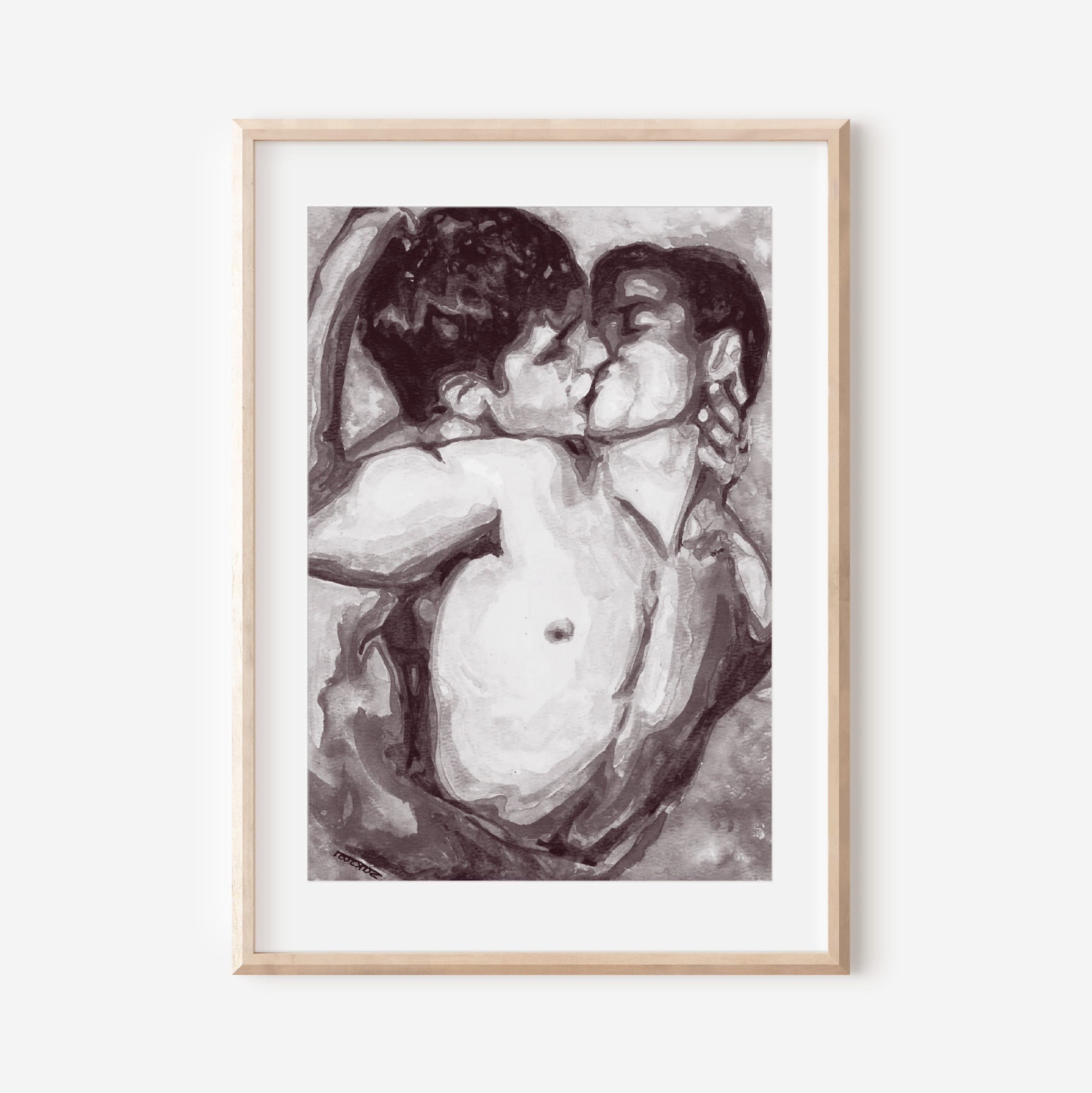 Gay Couple Kissing Watercolor Art Print Same Sex Couple Gift image