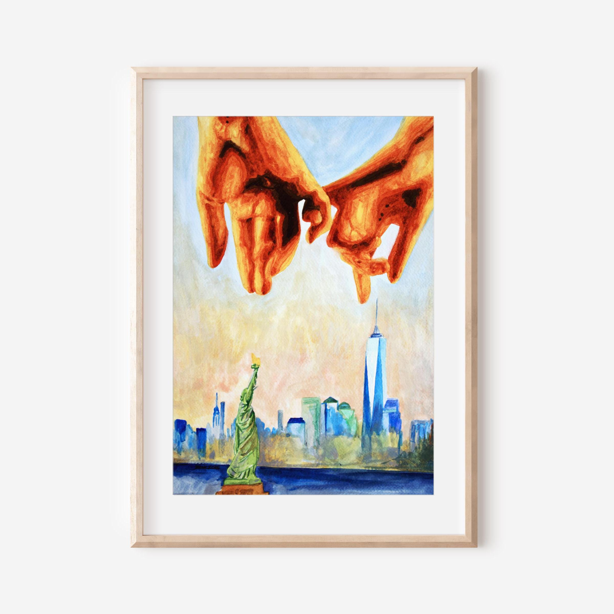 Gay Art Print, LGBTQ New York Skyline Art, Romantic Holding Hands, Pride Artwork, NYC Statue of Liberty, Queer Love Decor, Gay Couple Gift