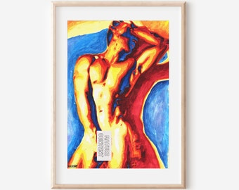 Volledige frontale naaktheid Gay mannelijke aquarel Art Print | Fallische kunstprint | Homo-erotische kunst | Erotische kunstprint | Mannelijke figuur Art Print | Homo-kunst