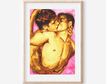 Gay Couple Kissing Watercolor Art Print | Same Sex Couple Gift | Same Sex Marriage | Love is Love | Engagement Party Gift | Gay Art Print