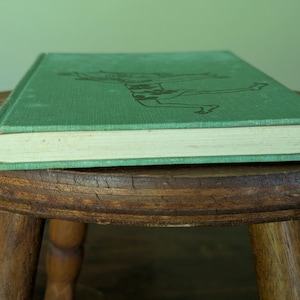 Pu&ograve; includere: Un libro vintage con copertina rigida verde e un'illustrazione sbiadita. Il libro &egrave; appoggiato su uno sgabello rotondo di legno. Le pagine sono ingiallite e il dorso del libro &egrave; visibile.