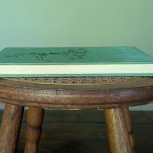 Pu&ograve; includere: Un libro vintage con copertina turchese e illustrazione nera &egrave; appoggiato su uno sgabello rotondo in legno. Le pagine del libro sono color crema e lo sgabello ha un piano intrecciato e tre gambe in legno. Lo sfondo &egrave; di colore verde chiaro.