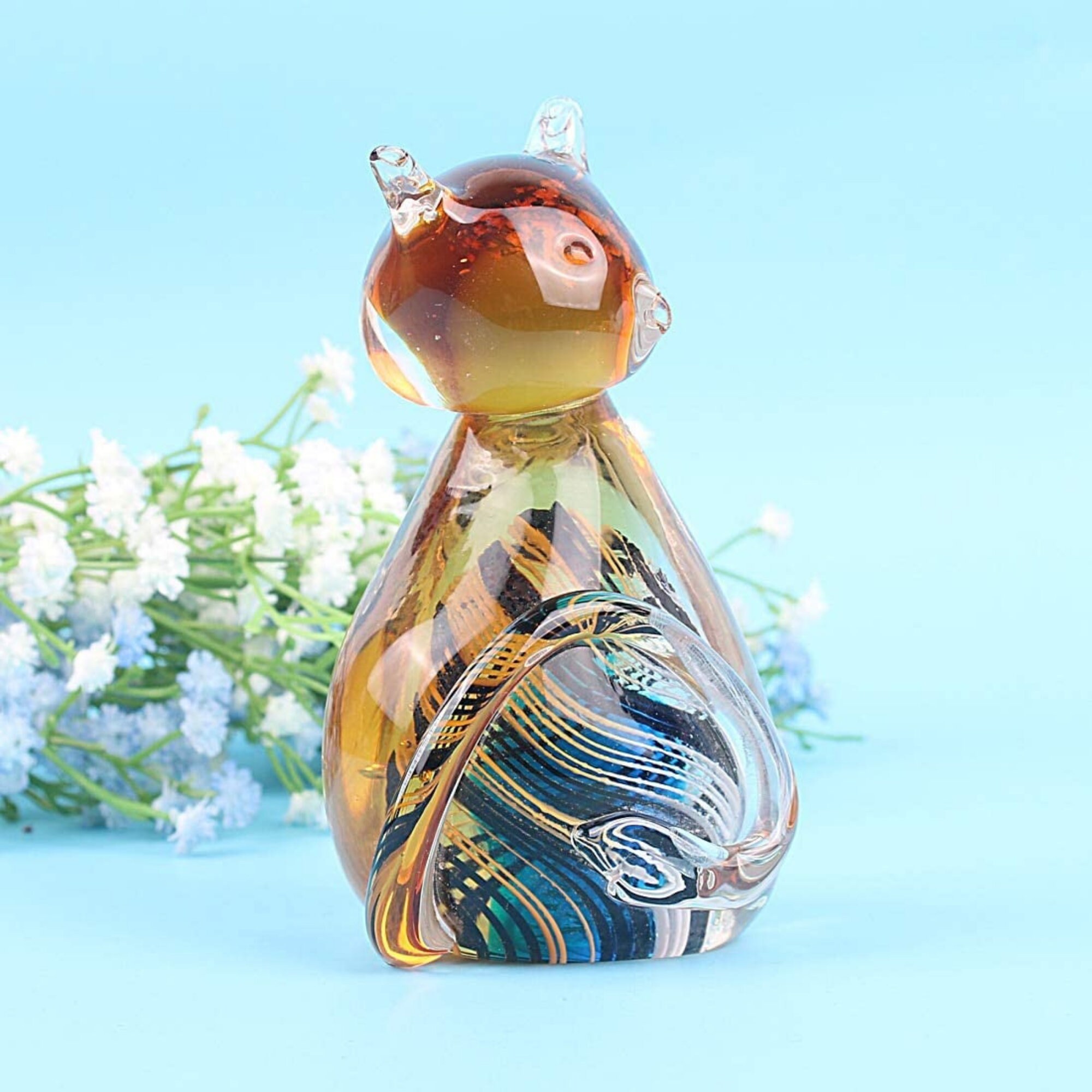 Art Verre Ambre Chat Soufflé à La Main Animal Figurine Sculpture Décor Maison Ornement de Cadeau, Po