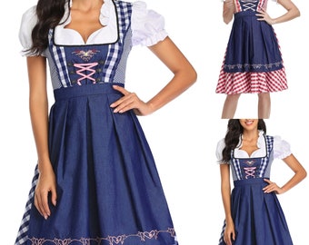 Vertvie Trachtenkleid Kleid Damen Dirndl Trachtenmode Midi Kleid Cosplay Hausmädchen-Kostüm für Oktoberfest 