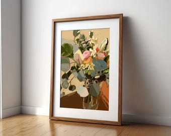 Birthday Flowers, vase, eucalyptus, digital painting, digital print, acrylic, oil