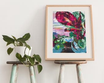 Houseplants, Red Maranta, African Violet, Gelli plate collage