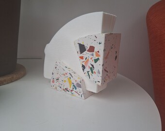 Multi coloured terrazzo V60 paper holder. White Jesmonite with random coloured chips.