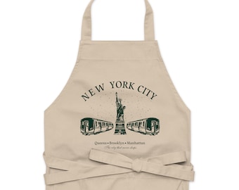 New York City Organic cotton apron; NYC Green Apron, Manhattan Apron, Queens Apron, Brooklyn Apron, East Coast Apron,Statue of Liberty Apron