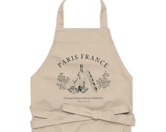 Paris France Organic cotton apron, Marais Apron, La Vie en Rose Apron, Belleville Apron, French Cooking Apron, Green Paris Apron