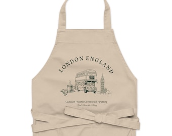 London England Organic cotton apron; Camden Apron, Putney Apron, North Greenwich Apron, God Save the King Apron, Queen Elizabeth Apron