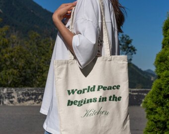 World Peace Begins in the Kitchen Eco Tote Bag: Vegan Gifts for Her Ecofriendly Tote Bag; Plant Based Gift for Him