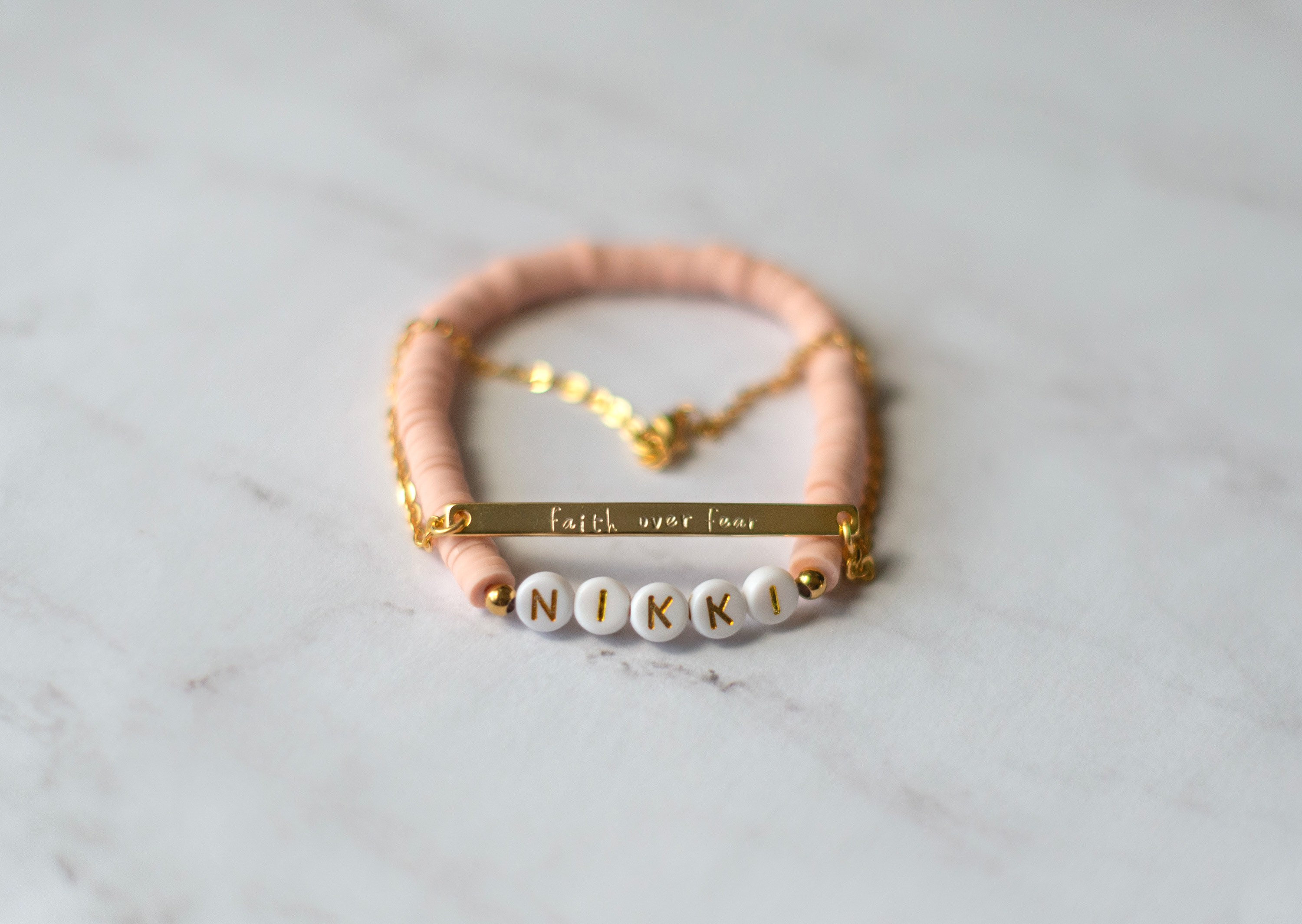 The Nikki Stack Rose Pink + Gold Heishi Bracelet Faith Over Fear Gold…