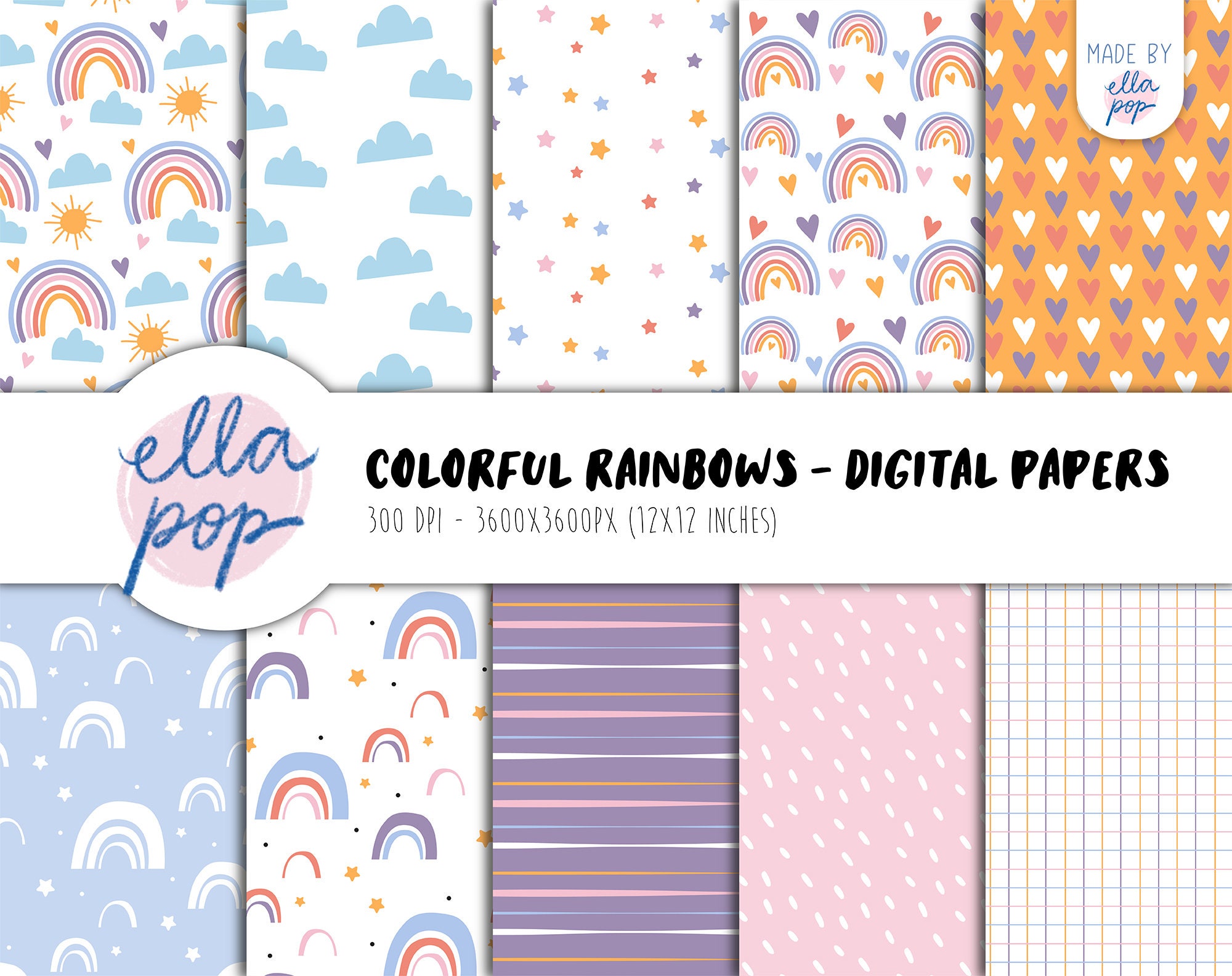 SUPER CUTE Colorful Rainbows Digital Papers Pastel Cute | Etsy